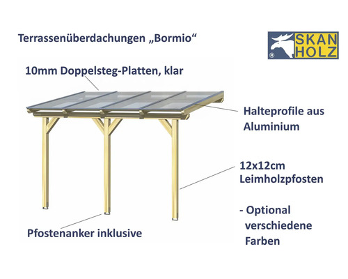 Terrassenüberdachung Bormio mit Doppelstegplatten, Aluminium Halteprofilen und Leimholzpfosten. Skan Holz Logo.