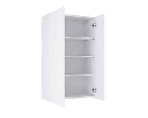 Weißer Hängeschrank mit offenen Türen und drei Regalböden