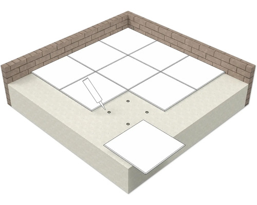Illustration des Verlegens von Fliesen mit Klebstoff auf einem Untergrund mit einer Ziegelwand im Hintergrund.