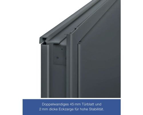 Detailansicht einer Metalltür mit doppelwandigem 45 Millimeter Türblatt und 2 Millimeter dickem Eckprofil für hohe Stabilität