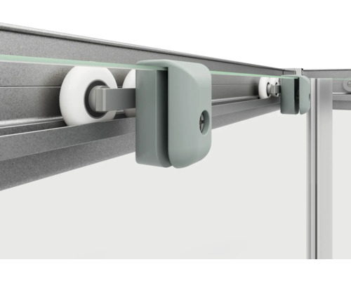 Détail d''une cabine de douche avec mécanisme à roulettes