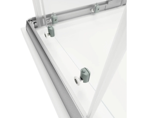 Gros plan d''une cabine de douche avec mécanisme à roulettes