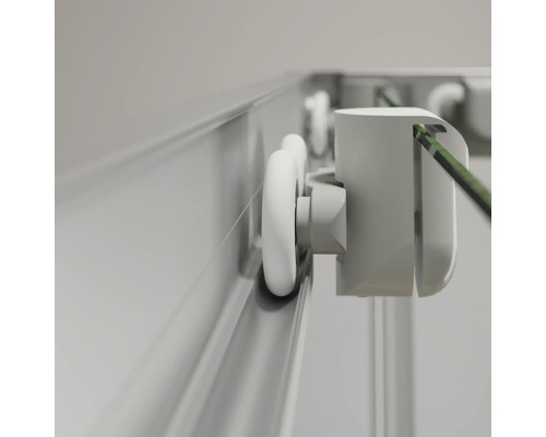 Vue détaillée d''un système de porte coulissante de cabine de douche avec guidage à galets
