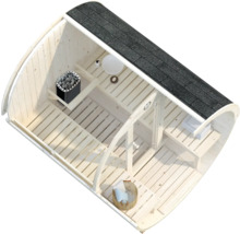 Sauna baril Palmako Anita 1 sans poêle avec bardeaux et façade entièrement vitrée en verre transparent.