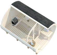 Sauna baril Palmako Anita 2 sans poêle avec bardeaux et façade entièrement vitrée en verre transparent.