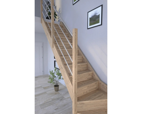 Holztreppe mit Edelstahlgeländer in einem hellen Raum