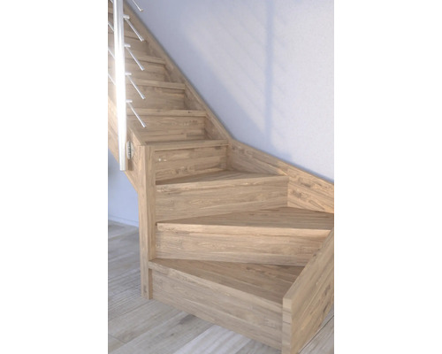 Escalier en bois avec rampe en acier inoxydable.