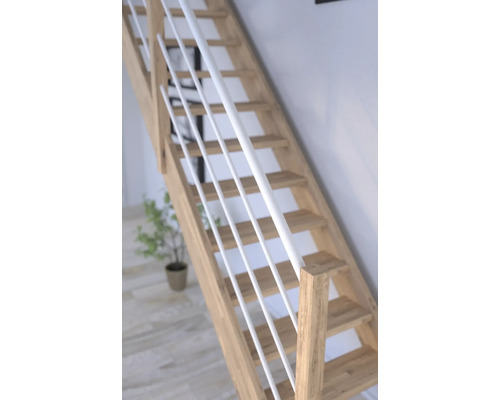 Holztreppe mit weißem Geländer