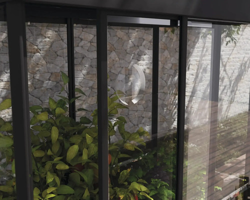 Gros plan d''un jardin à travers un toit de terrasse en verre