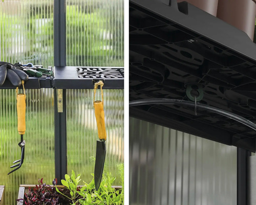 Gros plan d''outils de jardin et d''aménagement intérieur dans une serre