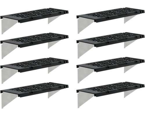 Acht schwarze Pflanzkastenhalter mit floralem Muster und silberner Halterung