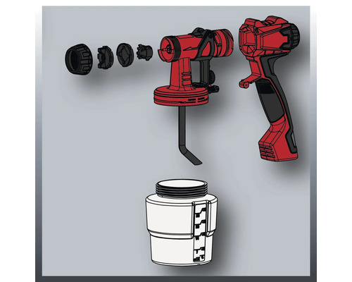 Explosionsdarstellung einer Farbspritzpistole mit Behälter und Düsenaufsätzen.