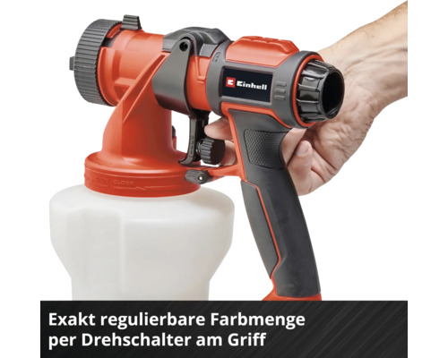 Farbsprühsystem von Einhell mit regulierbarer Farbmenge in der Hand