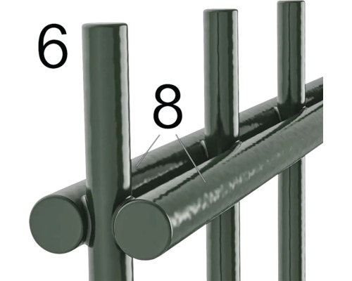 Detailansicht eines Metallzauns mit Fokus auf die Verbindung von Pfosten und Querstreben