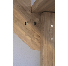 Pertura Wangentreppe Atanas Eiche mit Setzstufen Seitenwange unbehandelt Eiche 1/4-gewendelt unten rechts 100 cm 13 Stufen / 14 Steigungen Stabgeländer