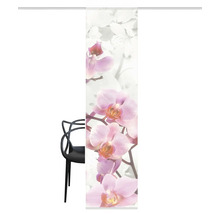Roll Up Fensterbild mit Orchideenmuster neben einem Stuhl
