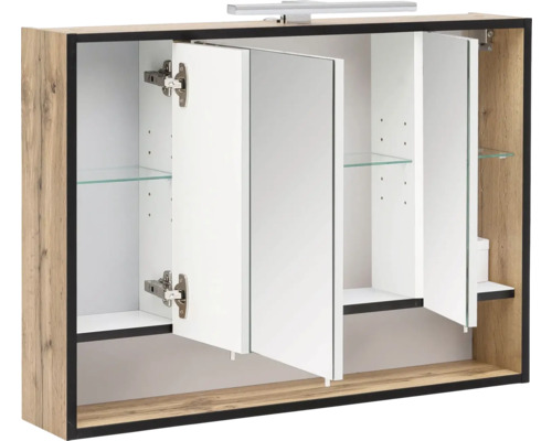 Offener Spiegelschrank mit Glaseinlegeböden und Beleuchtung