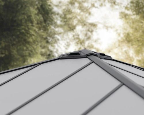 Detailaufnahme des Daches eines Gartenpavillons.