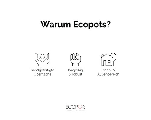 Ecopots Vorteile: Handgefertigte Oberfläche, langlebig, robust, für Innen- und Aussenbereich geeignet