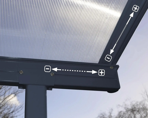 Detailansicht eines transparenten Terrassendachs mit Maßangaben.