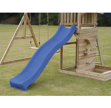 Holzspielplatz mit blauer Rutsche und Schaukel