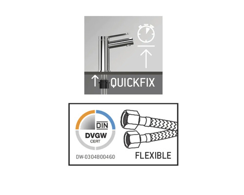 Schnellbefestigungssymbol und DVGWCERT-Siegel für flexible Schläuche