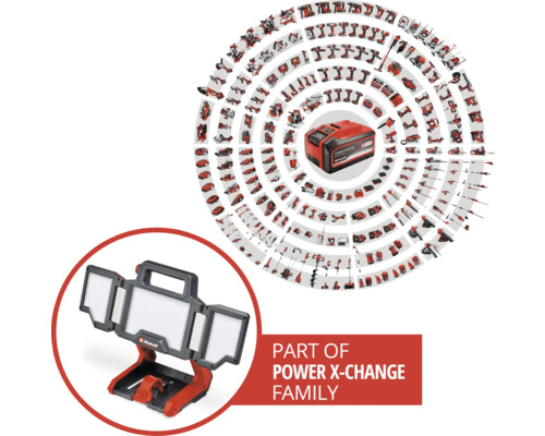 Famille Einhell Power X-Change avec batterie et lampe sur batterie