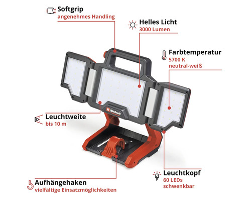 Projecteur de chantier à LED sans fil Einhell avec têtes d'éclairage pivotantes