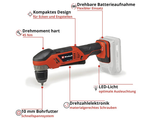 Einhell Akku-Bohrschrauber mit drehbarer Batterieaufnahme, LED-Licht und 10 Millimeter Bohrfutter