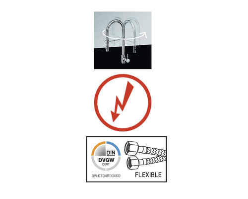 Drehbare Armatur mit Blitz-Symbol und flexiblen Anschlussschläuchen