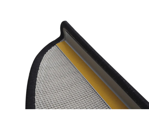 Detailansicht einer Fußmatte mit Gitterstruktur, Kantenschutz und Klebestreifen.