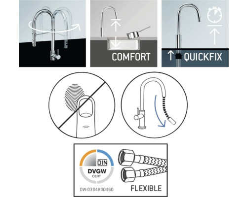 Caractéristiques du produit d''un robinet de cuisine : plage de pivotement, confort, montage rapide, revêtement anti-empreintes digitales, douchette extractible, flexibilité, certification DVGW