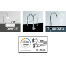 Caractéristiques d''un robinet de cuisine : confort, zone de pivotement, fixation Quickfix et tuyaux flexibles