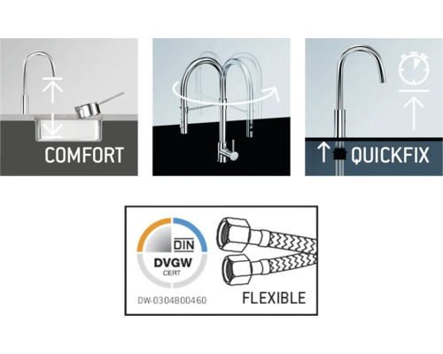 Caractéristiques d''un robinet de cuisine : confort, zone de pivotement, fixation Quickfix et tuyaux flexibles
