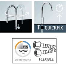 Robinet d''évier avec plage de pivotement, fixation rapide et flexibles de raccordement