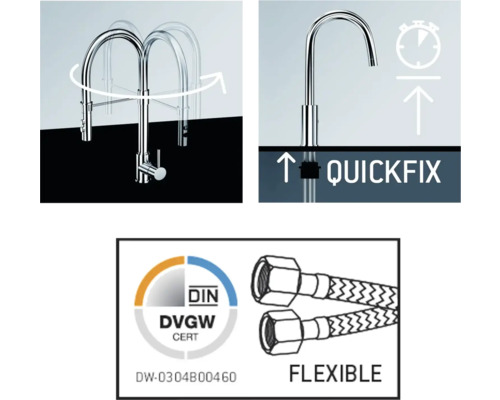 Robinet d''évier avec plage de pivotement, fixation rapide et flexibles de raccordement