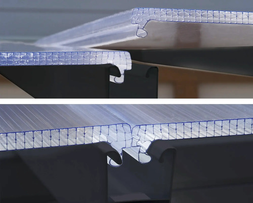 Detailansicht einer transparenten Doppelstegplatte mit Profil für den Terrassenbau