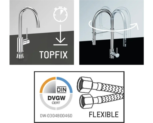 Caractéristiques d''un robinet de cuisine : système Top-Fix, pivotant, certifié Deutsches Verein des Gas- und Wasserfaches, raccordement flexible