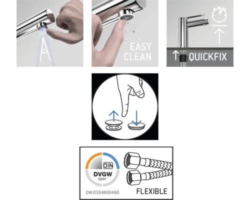 Produktmerkmale des Wasserhahns: einfache Reinigung, Quickfix-System, flexible Schläuche, DIN DVGW-Zertifizierung