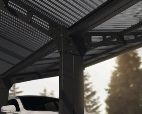 Vue détaillée d''un carport avec toit en métal et piliers robustes