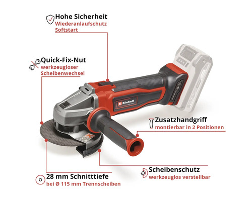 Einhell Akku Winkelschleifer mit Zusatzhandgriff, Scheibenschutz und Quick-Fix-Nut