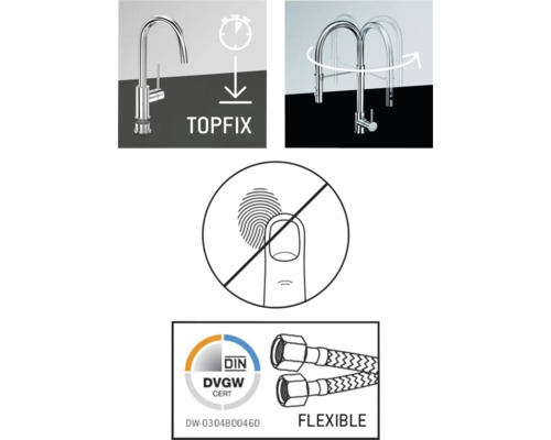 Produktmerkmale: Topfix-Befestigung, Schwenkbereich, Antifingerabdruckbeschichtung, DVGW-Zertifizierung, flexible Anschlussschläuche