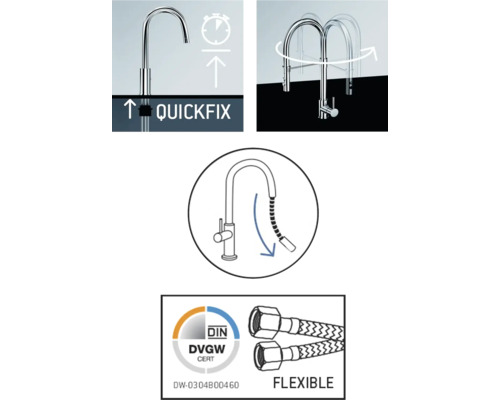 Produktmerkmale: Schnellbefestigung, Schwenkbereich, Ausziehbare Brause, Flexible Schläuche, DVGW Zertifizierung
