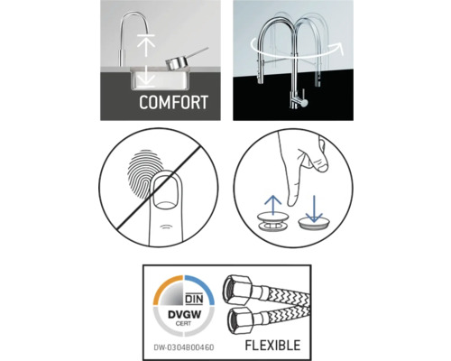 Komfortfunktion, Schwenkbereich, Anti-Fingerabdruck-Beschichtung, Excenterbedienung und DVGW Zertifizierung.