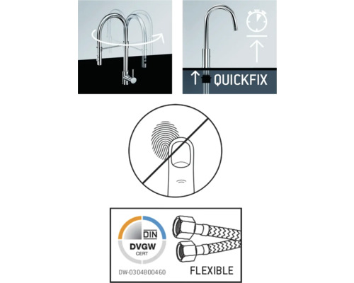 Produktmerkmale: Schwenkbereich, Schnellbefestigung, Anti-Fingerabdruck-Beschichtung, Trinkwasser-Zertifizierung, flexibler Anschluss