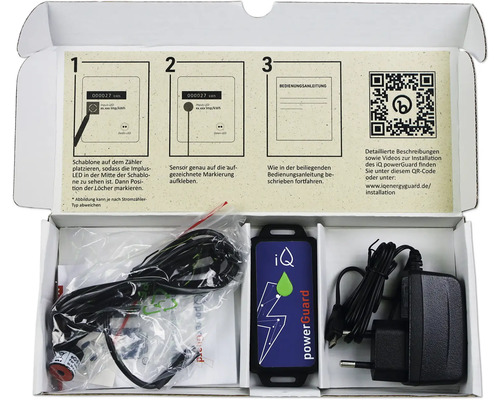iQ powerGuard Starterset in geöffneter Verpackung mit Installationsanleitung, Sensor, Kabel und Netzteil