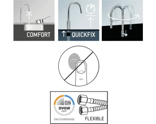 Komfort, Quickfix, flexible Anschlussschläuche, kein Fingerabdruck Symbol, DVGW Zertifikat