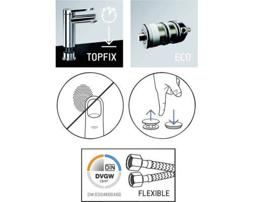 Produktmerkmale: Topfix-Befestigungssystem, Wassersparfunktion, Antifingerabdruckbeschichtung, Exzenter-Ventiltechnik, DIN-DVGW-Zertifizierung, flexible Anschlussschläuche