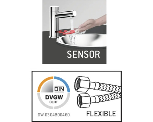 Sensorarmatur mit Hand unter Wasserhahn und DIN DVGW Zertifikat sowie flexible Anschlussschläuche.