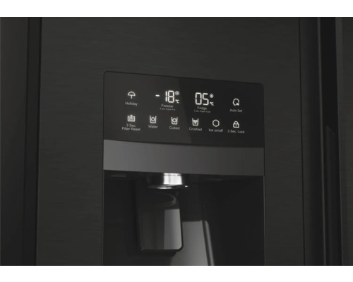 Gros plan de l''écran d''un réfrigérateur avec affichage de la température et diverses fonctions telles que le mode vacances et le fabricant de glaçons.